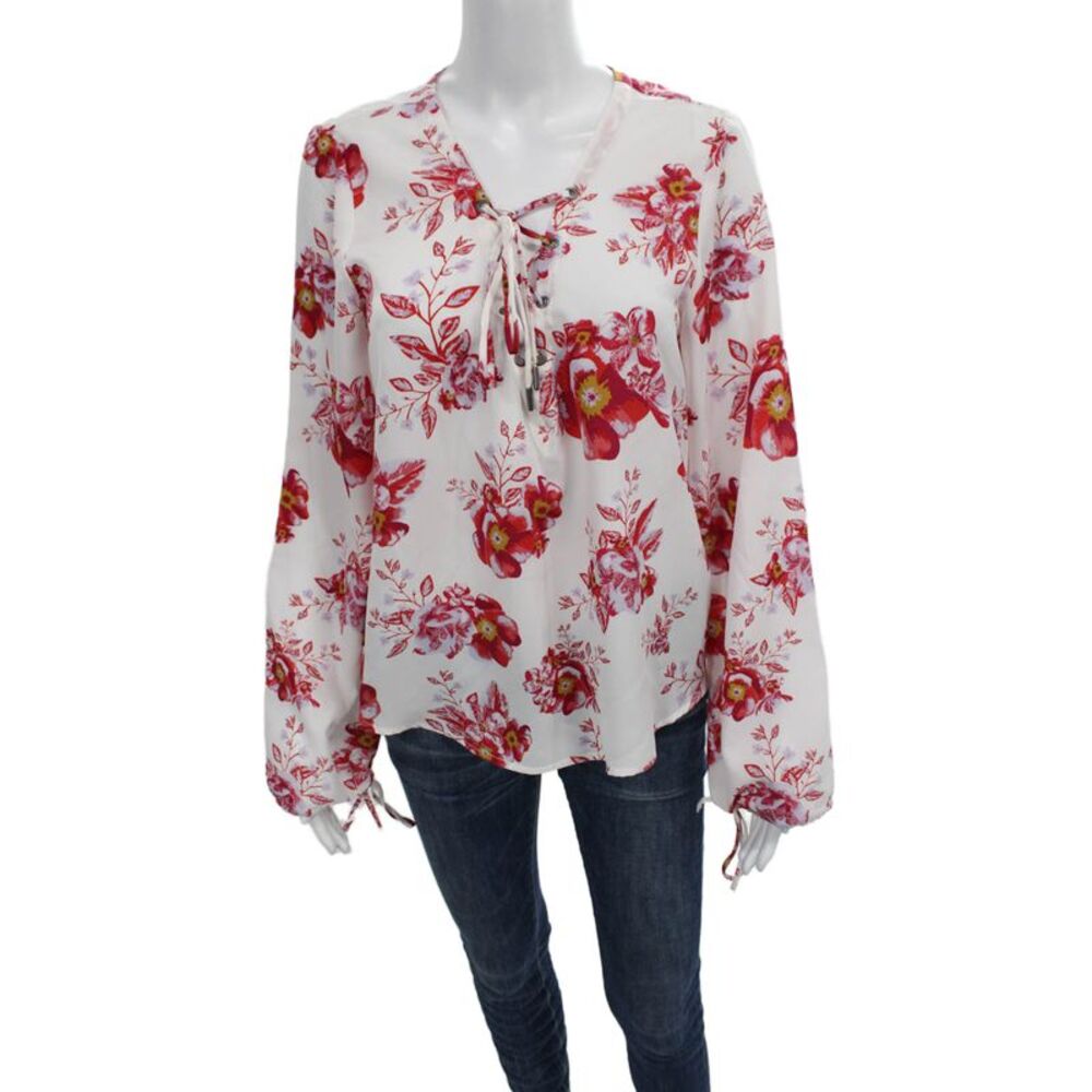 Tularosa Women Basic Floral V Neck Lace Up Long Sleeve Blouse White Size M